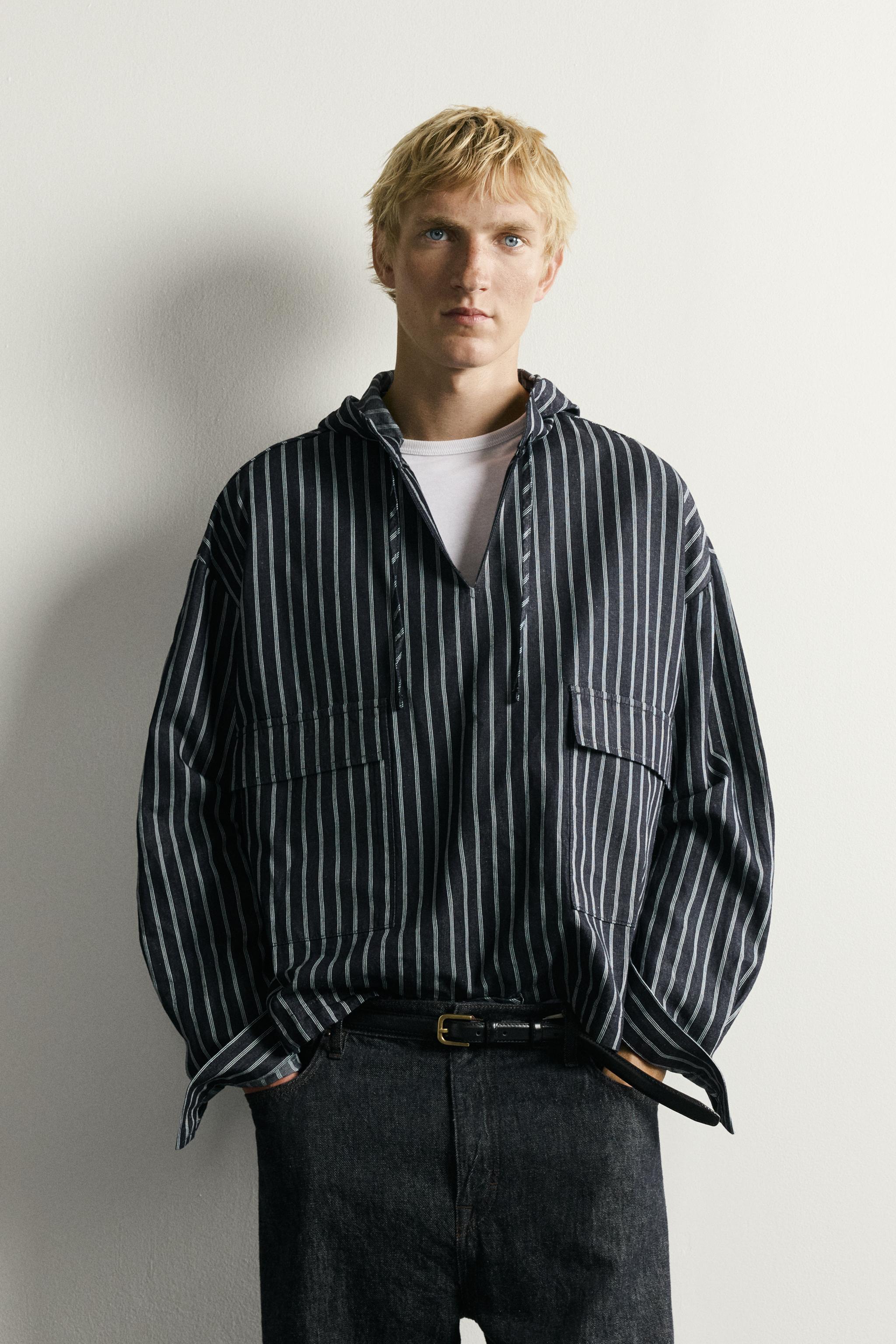 STRIPED COTTON-LINEN HOODIE OVERSHIRT